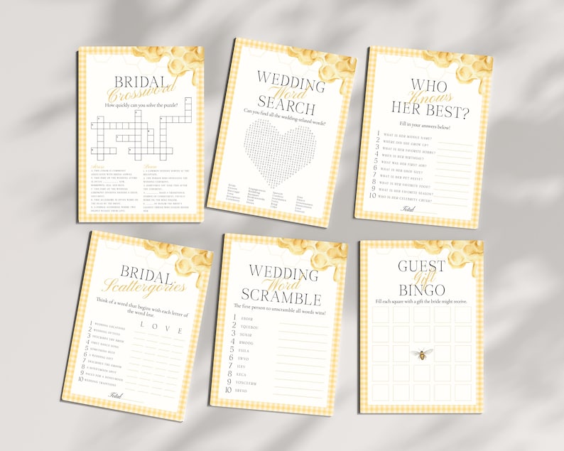 May include: A collection of six printable bridal shower games on cream-colored paper with a yellow gingham border and floral accents. Games include a crossword, word search, and bingo.