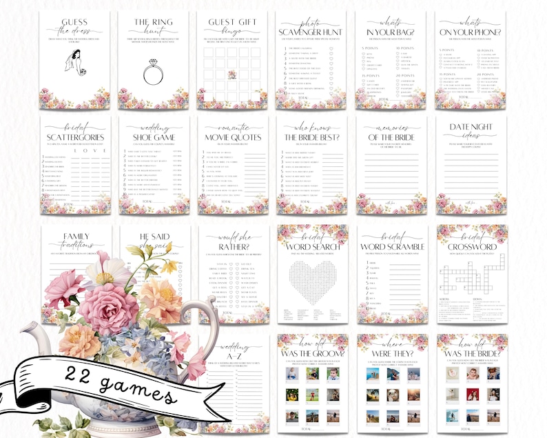 Wildflower Tea Party Möhippa Spelpaket, Blommig Tekanna Möhippa Spel, Var Var De Spelet Möhippa Bingo, Dags för Te med Blivande Brud bild 4