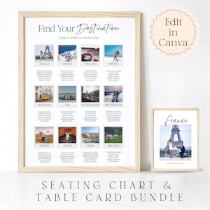 May include: A framed seating chart and table card bundle with the text "Find Your Destination." The chart features photos of various travel destinations, including France, Greece, and England. A smaller framed photo of France is also included.