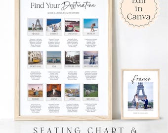May include: A framed seating chart and table card bundle with the text "Find Your Destination." The chart features photos of various travel destinations, including France, Greece, and England. A smaller framed photo of France is also included.