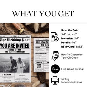 May include: A digital download of printable wedding invitation templates in a vintage newspaper style. The invitation includes a save the date card, invitation, details card, and RSVP card. The templates are customizable with a QR code and come with a free Canva tutorial and printing recommendations.