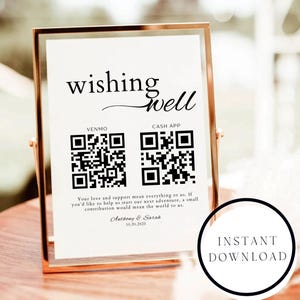 Wishing Well Wedding QR Code Sign, Honeymoon Fund Sign, Modern Wedding Registry Sign, Venmo QR Code Minimalist Honeymoon Sign Editable Canva
