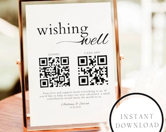 Puede incluir: Un letrero blanco de wishing well en un marco de metal color cobre con texto negro y dos códigos QR para Venmo y Cash App. El texto dice wishing well, Your love and support mean everything to us, y Anthony & Sarah 10.20.2025.