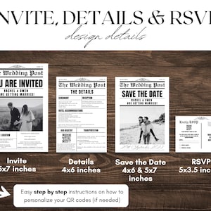 Wedding newspaper invitation bundle featuring a newspaper wedding invitation stationary set, minimalist wedding stationary, customizable newspaper invitation template, wedding details card, QR code RSVP card, save the date bundle.