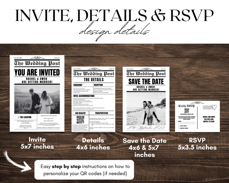 Wedding newspaper invitation bundle featuring a newspaper wedding invitation stationary set, minimalist wedding stationary, customizable newspaper invitation template, wedding details card, QR code RSVP card, save the date bundle.