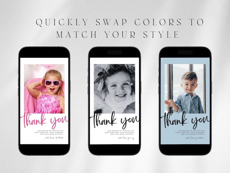 May include: Three smartphone screens displaying thank you cards with children's photos. The first shows a girl in pink sunglasses, the second a black and white photo, and the third a boy in a blue shirt. Each card has a handwritten "Thank you" and a message.