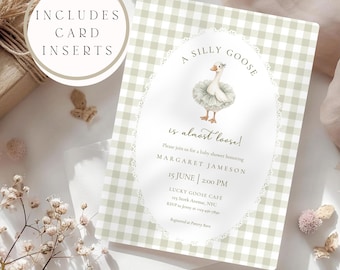 Silly Goose Baby Shower Invitation Template, Sage Green Gingham Baby Shower Invite, Silly Goose Is Almost Loose, Canva Digital Invitation