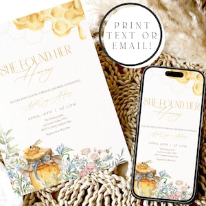 May include: A bridal shower invitation with the text "She Found Her Honey" in gold script. The invitation features a watercolor illustration of a honey pot, flowers, and bees. A smartphone displays the same design.