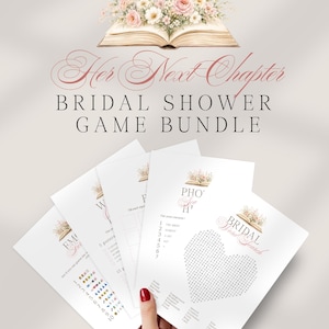 May include: A bridal shower game bundle featuring printed cards with floral book illustrations. The set includes a word search in a heart shape, emoji guessing games, and other activities titled Her Next Chapter, Bridal Shower Game Bundle.