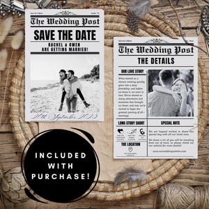 Wedding newspaper invitation bundle featuring a newspaper wedding invitation stationary set, minimalist wedding stationary, customizable newspaper invitation template, wedding details card, QR code RSVP card, save the date bundle.