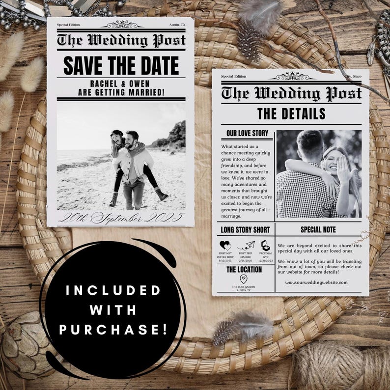 Wedding newspaper invitation bundle featuring a newspaper wedding invitation stationary set, minimalist wedding stationary, customizable newspaper invitation template, wedding details card, QR code RSVP card, save the date bundle.