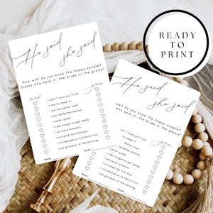He Said She Said Bridal Shower Game Template, Printable Interactive Wedding Guest Games, Guess Who Said It Bride or Groom Wedding Game