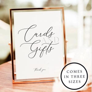 Letrero de boda con tarjetas y regalos, letrero de mesa de regalo sencillo, letrero de boda moderno, plantilla imprimible de letrero de boda minimalista bohemio con tarjetas y regalos en Canva.