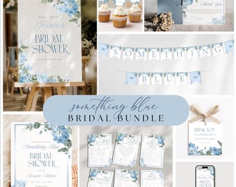 Op de afbeelding: Een verzameling bruidsdouche-briefpapier en decoraties in blauwtinten. Inclusief een welkomstbord, uitnodigingen, bedankkaarten, cupcake-toppers, banners en spelletjes. Het thema is "Something Blue" met bloemaccenten.