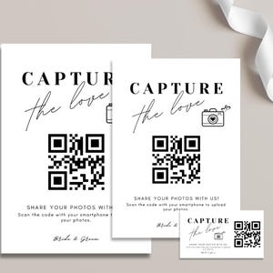 Erfassen Sie den Liebe QR-Code, Hochzeitsfoto-Gästebuch-Zeichen, Teilen Sie die Liebe, Hochzeit QR-Code-Zeichen, Horizontales & Vertikales, Verlobungsfeier-Zeichen