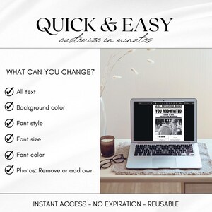 May include: A laptop screen displaying a customizable wedding announcement template with the text "The Wedding Post YOU ARE INVITED" in a vintage newspaper style. The text "QUICK & EASY customize in minutes" is displayed above the laptop. A checklist of customizable features is displayed on the left side of the image, including text, background color, font style, font size, font color, and photos.