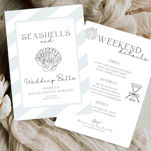Beach Bachelorette Invitation Itinerary Seashells and Wedding Bells Bachelorette Party Invitation Template Blue Coastal Weekend Trip Invite