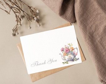 Wildflower Tea Party Bridal Shower Thank You Card, Time For Tea With Bride To Be Thank You Template, Floral Blue Tea Pot Party Bridal Shower