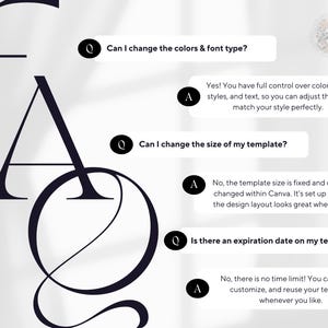 May include: A graphic with the letters "FAQ" in a dark navy blue font. The image includes questions and answers about template customization, including color, font, and size options. The background is a soft, neutral color.