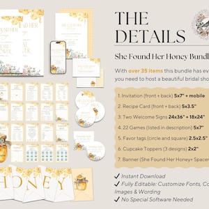 May include: A digital bridal shower bundle with a honey theme. Includes invitations, recipe cards, games, favor tags, cupcake toppers, and a banner. The design features floral accents and a jar of honey. The bundle includes over 35 items.