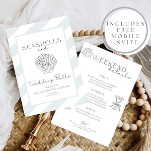 Seashells and Wedding Bells Bachelorette Party Invitation and Itinerary Template, Minimalist Bridal Beach Champagne Bachelorette Weekend