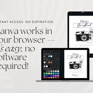 May include: A digital design displayed on a laptop and tablet. The design features a vintage camera illustration and the words "Photo Guestbook." The text "Canva works in your browser" is also visible.