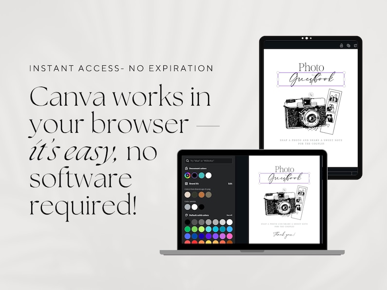 May include: A digital design displayed on a laptop and tablet. The design features a vintage camera illustration and the words "Photo Guestbook." The text "Canva works in your browser" is also visible.