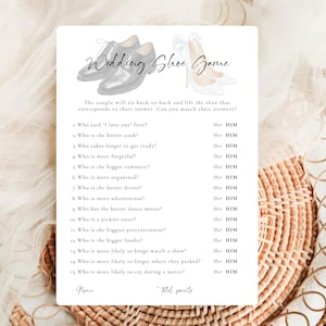 May include: A printable wedding game card titled "Wedding Shoe Game" with illustrations of a pair of men's dress shoes and a pair of high heels. The card features a list of questions for the couple to answer.