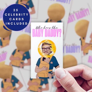 Juego para baby shower "¿Quién tiene al papá?", Tarjetas rasca y gana, Juego para la fiesta de pañales, Juego con fotos de famosos para bebés, Juegos personalizables para revelar el género en baby shower