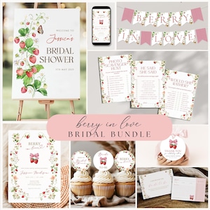 Berry in Love Bridal Shower Bundle, Strawberry Bridal Invitation Welcome Sign, Editable Berry Sweet Bridal Decor, Strawberry Bridal Games