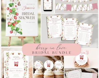 Berry in Love Bridal Shower Bundle, Strawberry Bridal Invitation Welcome Sign, Editable Berry Sweet Bridal Decor, Strawberry Bridal Games