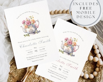Invitación para baby shower con té, invitación para baby shower con un bebé en ciernes, hora del té con la futura mamá, brunch floral para baby shower con té