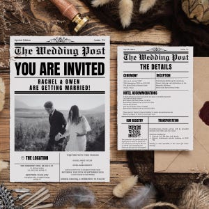 Wedding newspaper invitation bundle featuring a newspaper wedding invitation stationary set, minimalist wedding stationary, customizable newspaper invitation template, wedding details card, QR code RSVP card, save the date bundle.
