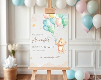 Letrero de bienvenida para baby shower con osito de peluche. Podemos esperar. Letrero de bienvenida para baby shower. Letrero neutro para baby shower con osito de peluche. Descarga instantánea en Canva.