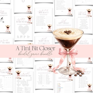May include: A collection of bridal shower game printables with a pink and white theme. The games include word search, bingo, and crossword puzzles. A martini glass with a pink ribbon and coffee beans is in the foreground.