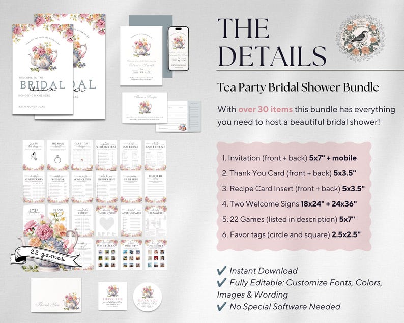 Wildflower Tea Party Bridal Shower Invitation Bundle, Time For Tea With Bride To Be Invitation, Floral Tea Pot Bridal Shower Games Sign afbeelding 11