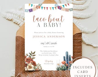 Może przedstawiać: Biała prostokątna karta z zaproszeniem na baby shower z kolorowymi girlandami papel picado u góry oraz ilustracjami kwiatów i kaktusów u dołu. Tekst brzmi: taco bout A BABY! Please join us for a baby shower honoring JESSICA ANDERSON 09 | 18 | 2026 Sunday at 12:00 PM The Anderson Residence 123 Stork Lane, NYC RSVP to Jenny (123)456-7890 Registry Pottery Barn & Target.