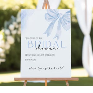 She Is Tying the Knot Bridal Shower Welcome Sign, Editable Minimalist Blue Bow Bridal Shower Poster, Blue Ribbon Bow Coquette Shower Sign