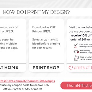 K&ouml;nnte beinhalten: Eine Grafik mit Anweisungen zum Drucken eines Designs zu Hause oder in einem Druckereibetrieb. Sie enth&auml;lt einen Gutscheincode "ThornNThistle10" f&uuml;r 10 % Rabatt auf Bestellungen ab 49 &euro; bei printsoflove.com/ref/thornnthistledesigns.