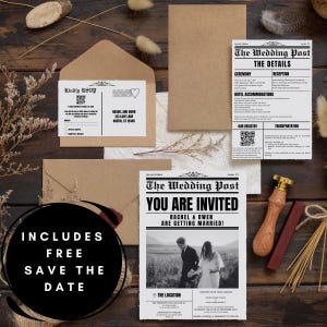May include: A wedding invitation in the style of a vintage newspaper with a black and white photo of a couple walking in a field. The invitation reads "The Wedding Post" and "You Are Invited" with the couple's names and the date of the wedding. The invitation also includes details about the ceremony, reception, hotel accommodations, and transportation.