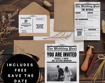 Newspaper Save the Date Wedding Bundle, Newspaper Invitation, Minimalist Wedding Details, RSVP Card QR Code, Customizable Newspaper Template