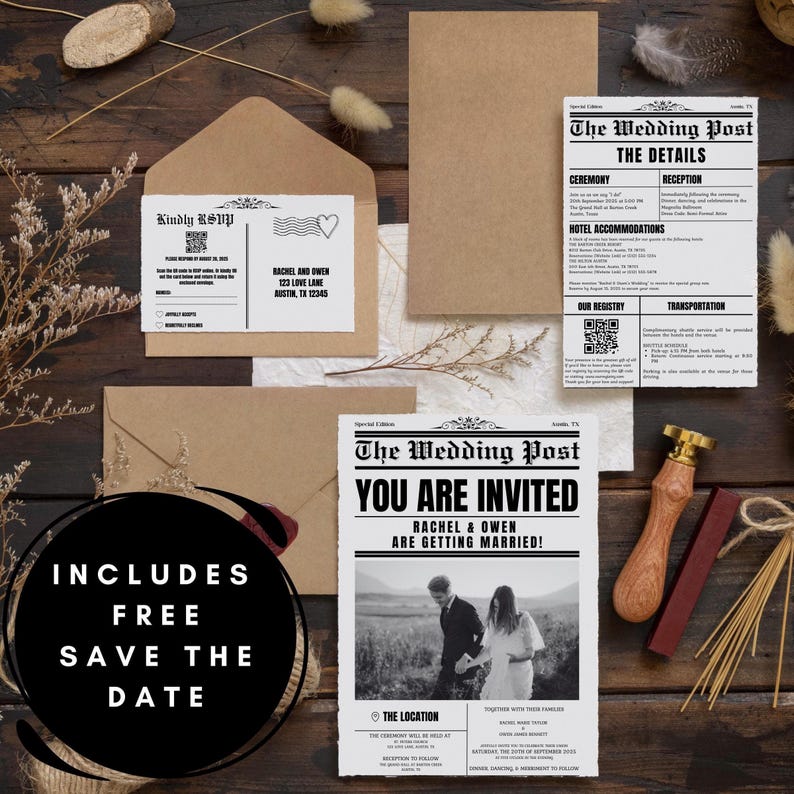 Wedding newspaper invitation bundle featuring a newspaper wedding invitation stationary set, minimalist wedding stationary, customizable newspaper invitation template, wedding details card, QR code RSVP card, save the date bundle.