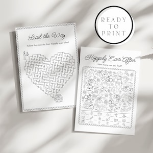 May include: Two black and white printable wedding activity sheets. One features a heart-shaped maze with the text "Lead the Way". The other sheet has the text "Happily Ever After" and a matching game. A "Ready to Print" circle is in the image.