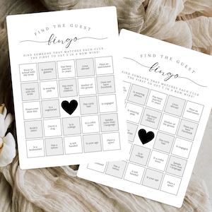 Bingo para encontrar invitados, bingo para despedidas de soltera, juegos de mesa imprimibles para bodas, juego para conocerse, plantilla editable de bingo para bodas (Canva)
