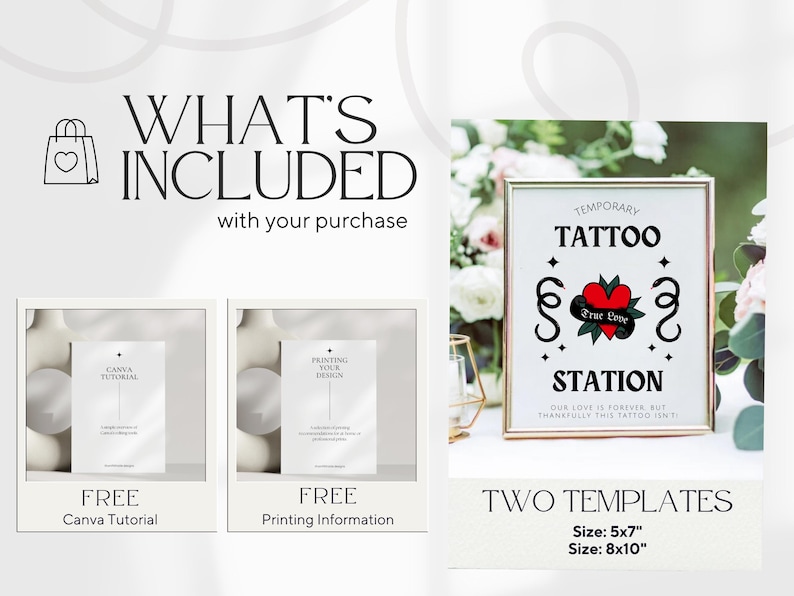 K&ouml;nnte beinhalten: Zwei druckbare Vorlagen f&uuml;r ein Schild f&uuml;r eine tempor&auml;re Tattoo-Station. Das Schild zeigt ein Herz mit den Worten "True Love" und dem Text "Temporary Tattoo Station. Our love is forever, but thankfully this tattoo isn't". Die Vorlagen sind in zwei Gr&ouml;&szlig;en erh&auml;ltlich: 5x7 Zoll und 8x10 Zoll.
