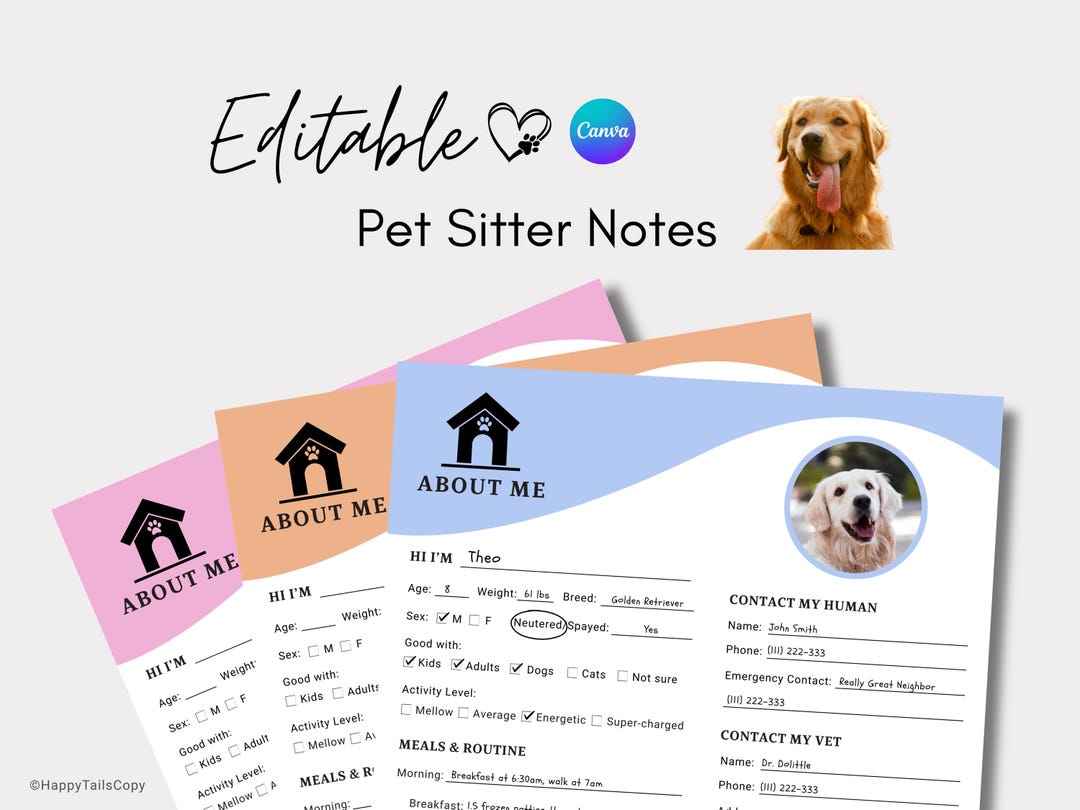 Pets Design Note Editable Pet Sitter Notes: Customizable Form for Pet Parents (canva ...
