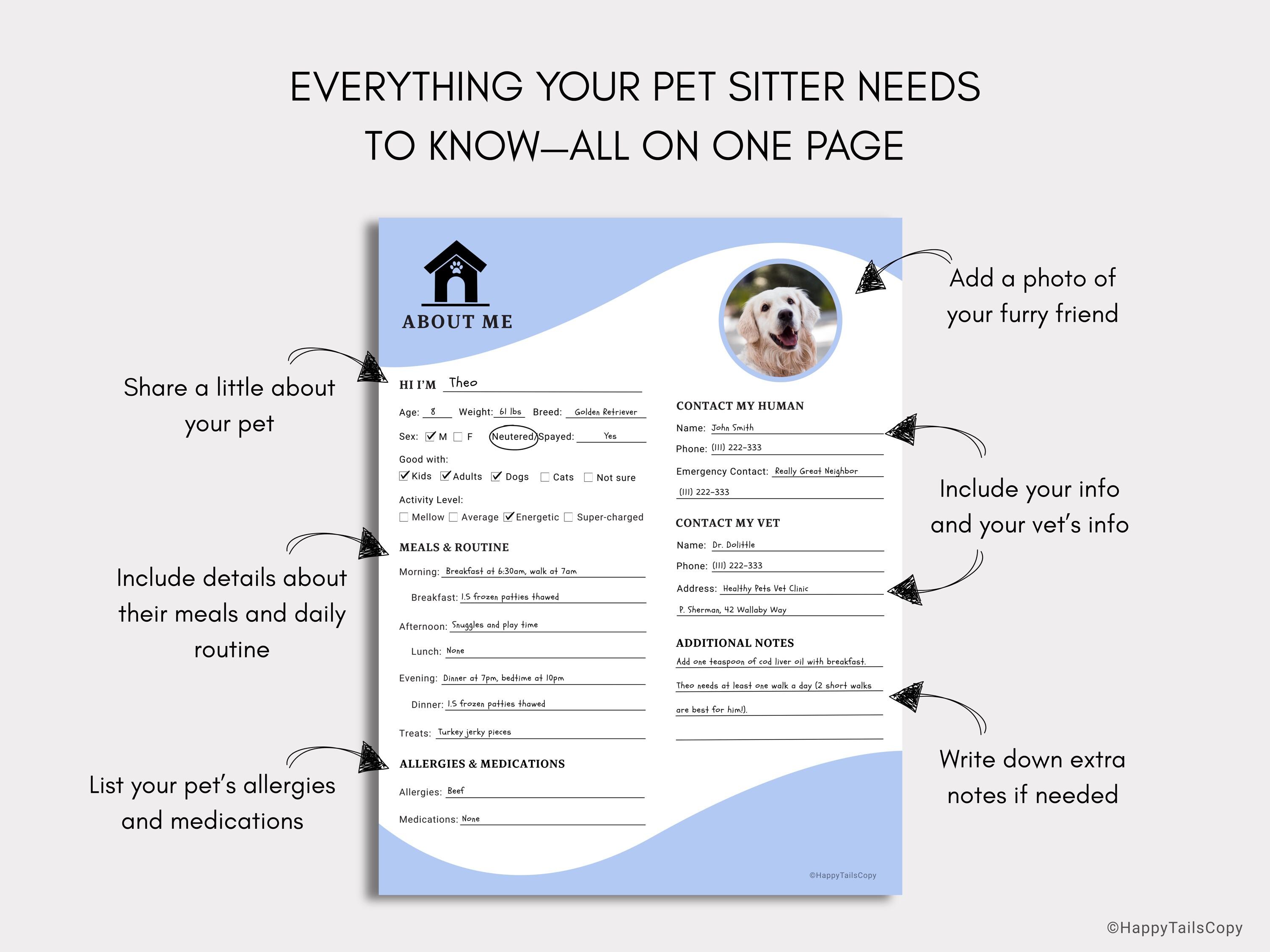 Pets Design Note Editable Pet Sitter Notes: Customizable Form for Pet Parents (canva ...