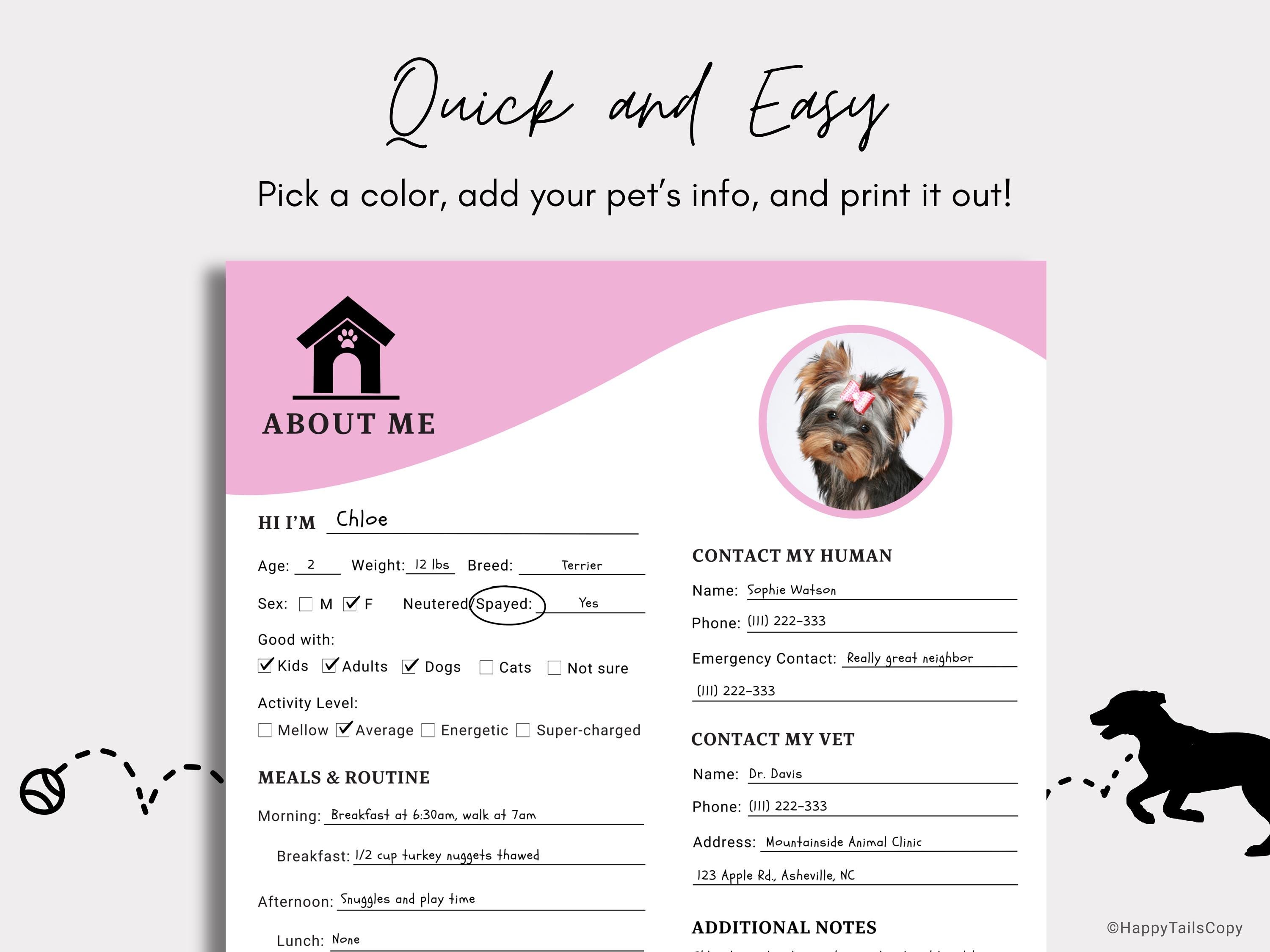Pets Design Note Editable Pet Sitter Notes: Customizable Form for Pet Parents (canva ...
