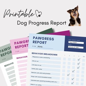 Può includere: Report di avanzamento del cane stampabile con un'allegra illustrazione di un cane. Il rapporto include sezioni per l'analisi del comportamento e le informazioni sul proprietario del cane. Il testo "Pawgress Report" è visualizzato sui moduli. I moduli sono in tonalità di blu, rosa e verde.