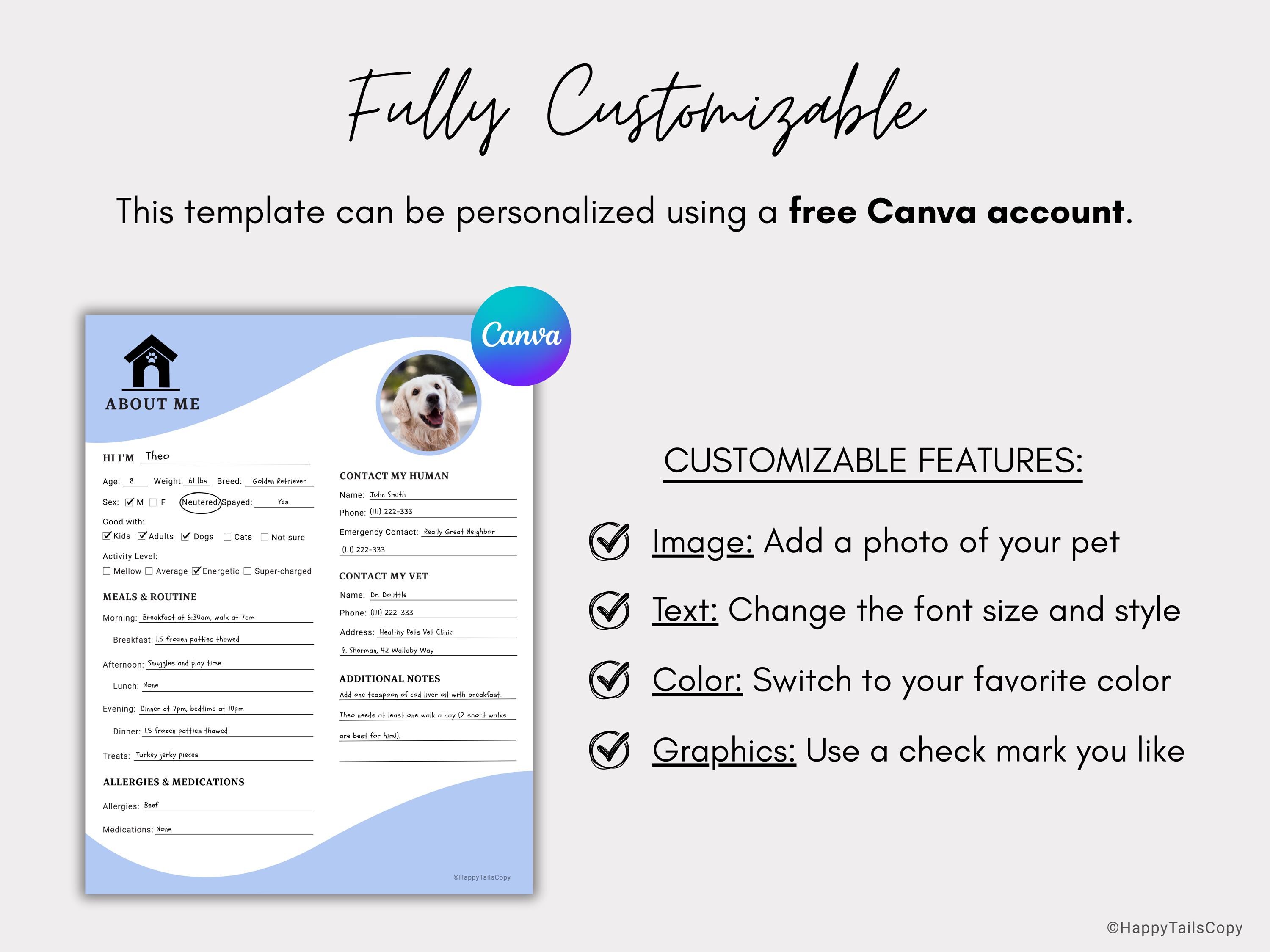 Pets Design Note Editable Pet Sitter Notes: Customizable Form for Pet Parents (canva ...